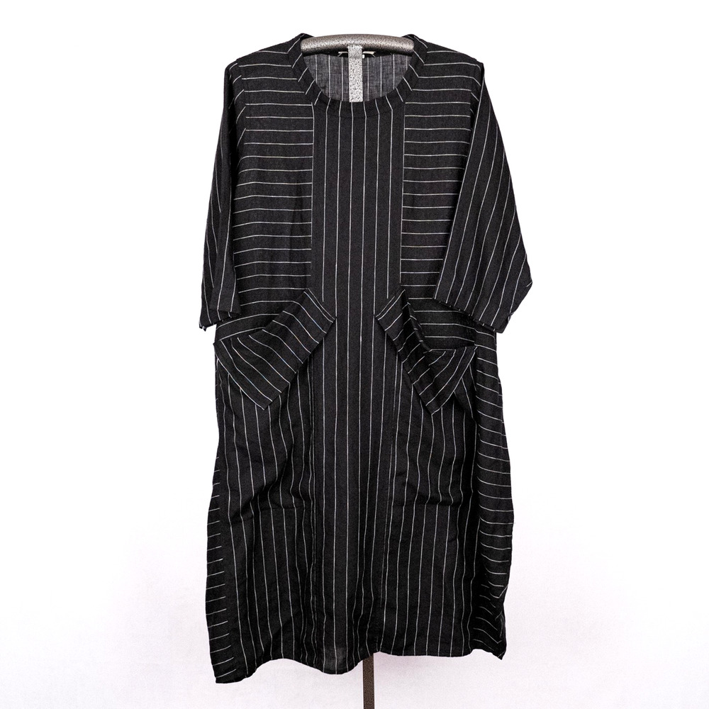 Cheyenne Women's 100% Linen Dress Black w/ White Pinstripes Size L/XL Lagenlook